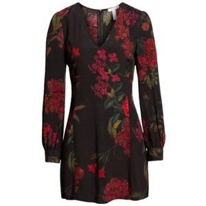 Leith Floral Print V Neck Long Sleeve Mini Dress Black Red Small